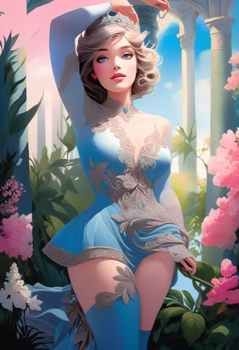 a beautiful princess in a lush garden, vibrant blue sky, detailed face and eyes, volumetric lighting, intricate details, photorealistic, high class fashion, masterpiece, professional digital art, cinematic color palette, using a palette of light pink, mute...