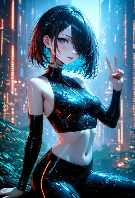 beautiful cybernetics girl, hair over one eye, hair accessories, (delicate skin), pale skin, black crop top made of circuit boar...