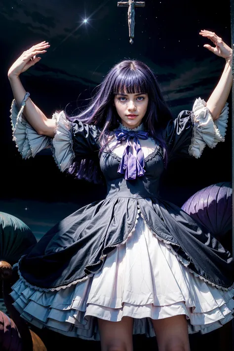 masterpiece,best quality,1girl,frederica bernkastel,purple hair,cat tail,tail bow,purple eyes,tail ornament,dress,bowtie,socks,expressionless,outstretched arms,outer space,surrounded by  floating crystal,cowboy shot, necklace with cross