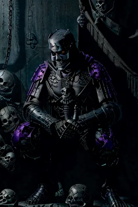 (realistic illustration:1.3),((dark fantasy:1.4)),Shadow knight. ((black skull face:1.3)), Hooded shadow wraith in black battle armor, (glowing violet eyes:1.2), (cross pendant:1.3). brandishing black great sword in purple flames. masterpiece