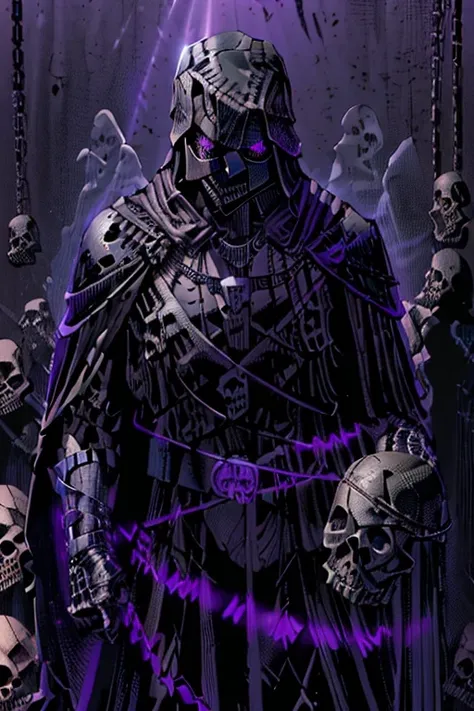 (realistic illustration:1.3),((dark fantasy:1.4)). ((black skull face:1.4)), ((Hooded)) shadow ((wraith)) in black battle armor, (glowing violet eyes:1.2), (cross pendant:1.3). brandishing black ((great sword)) in purple flames. masterpiece