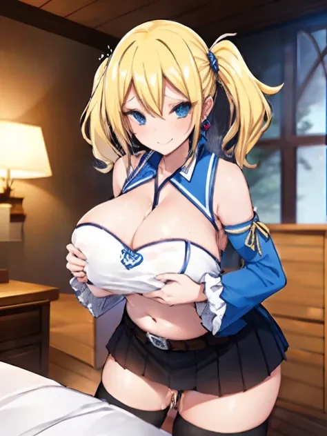 {{{masterpiece}}}, {{{highest quality}}}, {{Very detailed}}, {shape}, lucy heartfilia, Blonde girl with  twintails gives titjob, Blonde Hair, Long Hair,  Blue Ribbon, Big ample breasts, Earrings, throw, 1 boy,  Penis between breasts, My chest feels tight, ...