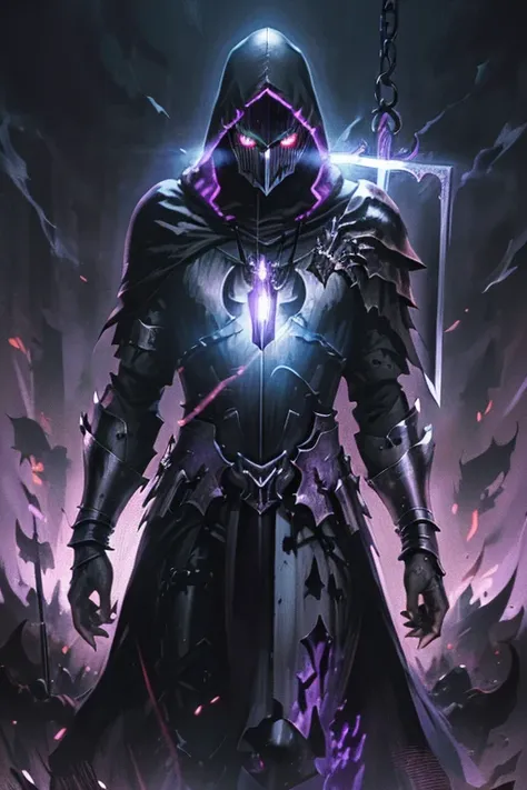 (realistic illustration:1.3),((dark fantasy:1.4)). (fallen crusader),(armored death), ((hooded)) shadow ((wraith)) in black batt...