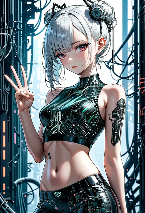 beautiful cybernetics girl, heart hair bun, hair accessories, (delicate skin), pale skin, black crop top made of circuit boards,...