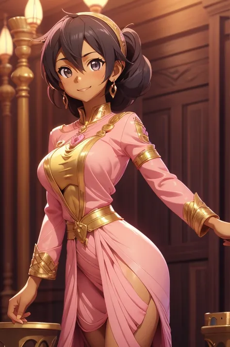 kirito, pink egyptian clothing, blushing smile, dark skin, standing alone in the ballroom dancing, feminine big breasts breast e...