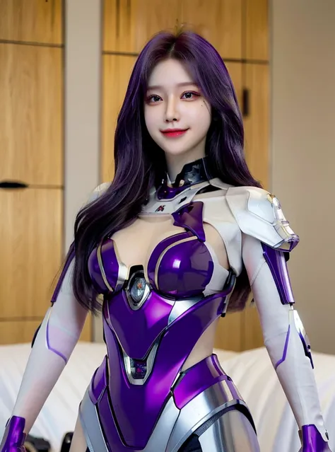 Armoured girl, realistic, long hair, purple robotics body, smile,