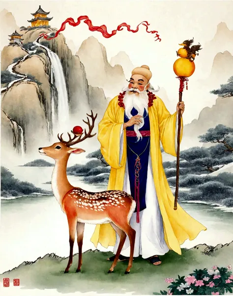 Draw a traditional Chinese watercolor painting，Describing the Antarctic Immortal（Birthday Star），There is a fairy deer next to it。Nanji Xianweng should be portrayed as an elder，Long white beard，A hand holding a peach symbolizing longevity，The other holds a ...