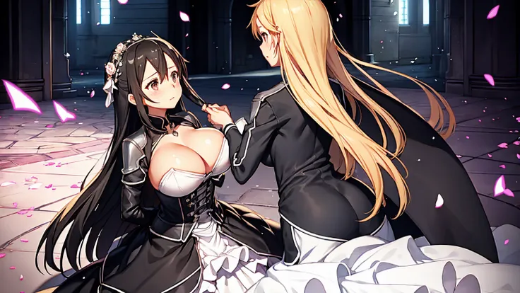 Female Kirito and Asuna blush black Wedding dress Feminine wedding hall two people kiss big breasts breast enlargement full-body shot 