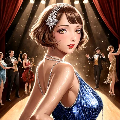 a woman dancing the charleston on a stage, flapper style, shiny sequin dress, 1920s jazz band playing, elegant ballroom, high quality, detailed, photorealistic, warm lighting, dynamic composition, beautiful detailed face and eyes, long eyelashes, glamorous...