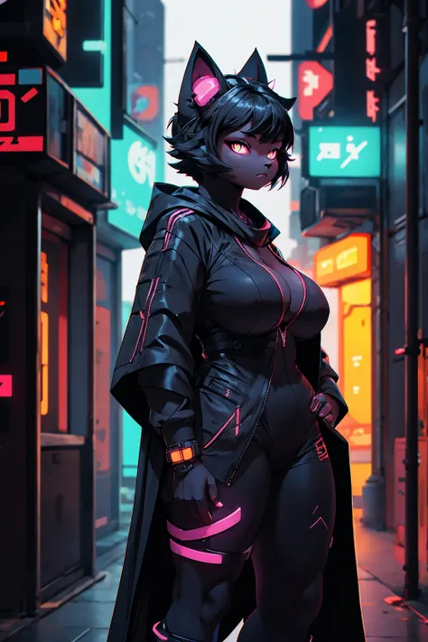 black cat personification cyberpunk black shirt Super huge big breasts breast enlargement neon cloak hairy a person standing alone in the sci-fi city depth of field, Blurred background,