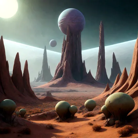 A landscape on a distant planet with unusual terrain and alien lifeforms.