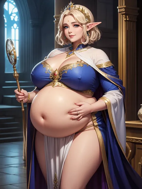 1 girl, gorgeous plump priestess, very short wavy hair, fat, overweight, double chin, (beautiful fantasy dress), exposed round pregnant belly, big breasts, make-up, subtle smile, l
Elvish palace
