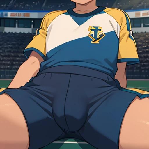 Kid boy, 12 years old boy, shirtless, open widely leg, sit pose, front , football pant, crotch bulge