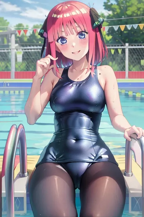 masterpiece, best quality, insanely detailed, beautiful, nino nakano, one-piece swimsuit, breasts, pantyhose, blush, smile, (outdoor swimming pool:1.3), legs spread