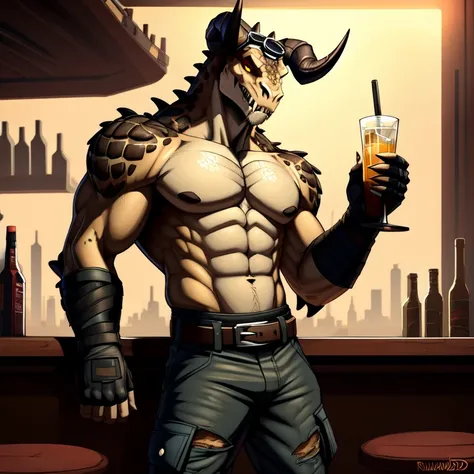 Tall_lanky_muscular_deathclaw male dark_beige_scaled_body spotted_scales yellow_eyes solo Masterpiece best_quality absurdres highly_detailed cleanly_drawn_eyes anthro_only by_claweddrip, by_greasymojo, by_underscore-b, by_runawaystride ripped_cargo_pants r...