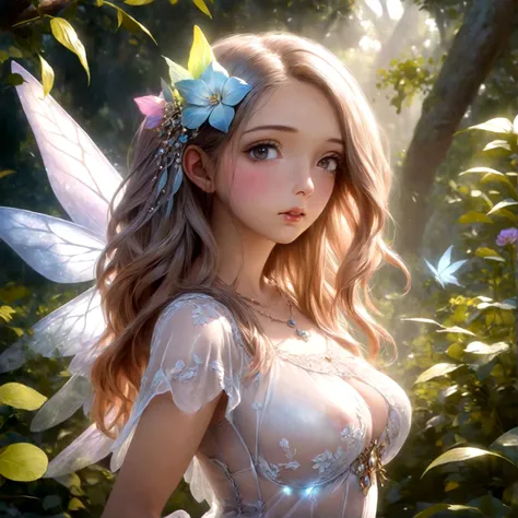 a lovely woman, fairy princess, chromatic wings, sheer dress, ornate flower themed jewelry, mythic glade, pure, innocent, sultry, mesmerizing, (best quality,4k,8k,highres,masterpiece:1.2),ultra-detailed,(realistic,photorealistic,photo-realistic:1.37),cinem...