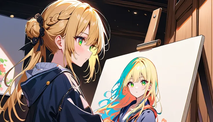 A beautiful college girl with her hair in a bun is sketching on a canvas and she has blond hair with green eyes. (Draw with style manhua)