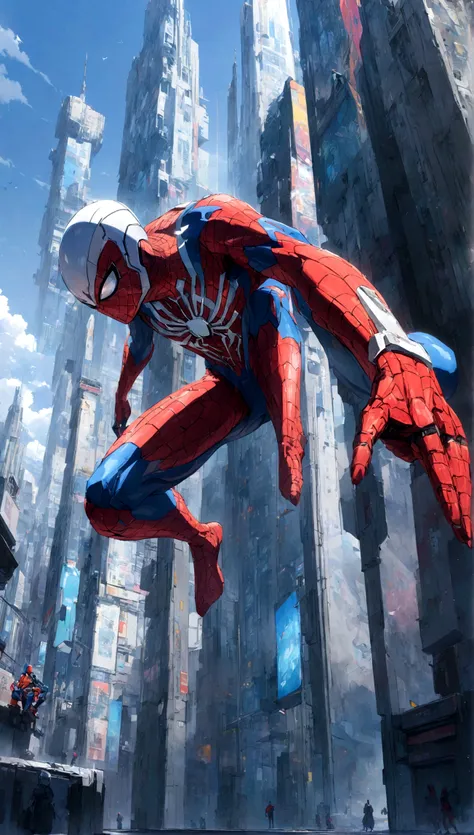 A Spider-Man in Cybernetic City, ultra detail, high resolution, anime, companies