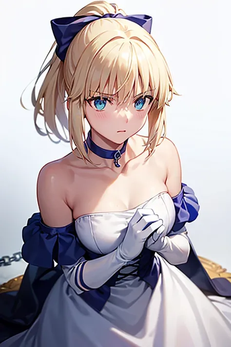 highest quality, Tabletop,Things to know, Not enough, One Girl, gloves, Elbow Groove, choker, White Dress, Official Alternative Costumes, chest, clavicle, ponytail, 白いgloves, chestの谷間, Strapless Dress, bow, Exposing shoulders, short hair, Parody, 青いchoker,...