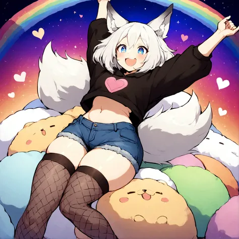 a cute adult male with wolf ears, white hair, has a wolf tail, wearing a loose cropped oversized black hoodie, wearing a pair of denim short shorts and thigh high fishnet stockings, thick thighs, wide hips, relaxing on mound of fluffy multi colored kawaii ...