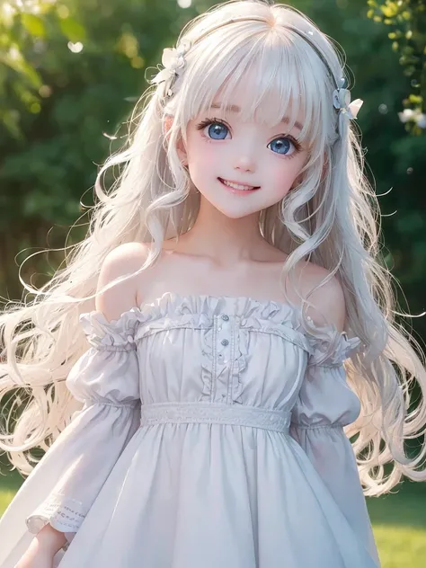 (Milky White:1.2)、(Super cute:1.2)、(masterpiece、highest quality、highest quality、Beautiful and beautiful:1.2)、(Excellent anatomy:1.5)、Focus on the eyes、Girl with wavy hair、Be surprised、smile、puff sleeve dress、Ruffled Fluffy、Cute sparkling eyes、Staring at th...