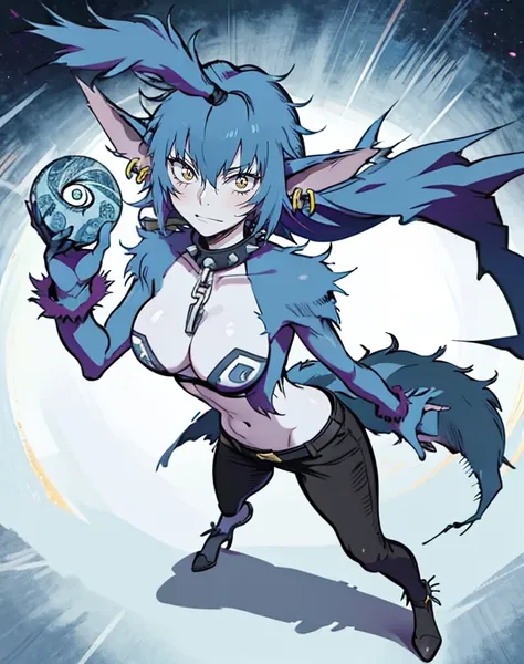 Wolfie, solo, cowboy shot, full body view, blue hair, smiling, black leather pants, spirals, furry gloves, yellow eyes, ears, earrings, spike caller, school