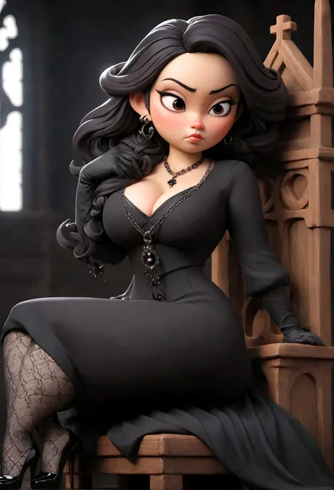 a sexy curvy asian woman, dark background, studio lighting, gothic dress, church, cleavage, chain accesories, sitting on a chair, black shoes