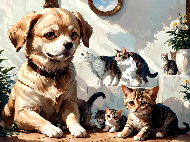 "a realistic painting of a dog and a cat in the exact same positions as in the provided photo. the dog is on the left, facing fo...