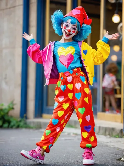 1girl，solo，clown，Grinning，big eyes，sparkling，fit，Wearing chaotic and brightly colored clothing，Wearing a fancy hat with a heart symbol，Baggy pants，Wearing an oversized pair of shoes，Vivid expression of excitement，Open your arms，(Children&#39;s crayon-drawn...