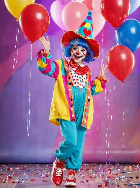 1girl，solo，clown，Grinning，big eyes，sparkling，fit，Wearing chaotic and brightly colored clothing，Wearing a fancy hat with a heart symbol，Baggy pants，Wearing an oversized pair of shoes，Vivid expression of excitement，Open your arms，(Children&#39;s crayon-drawn...