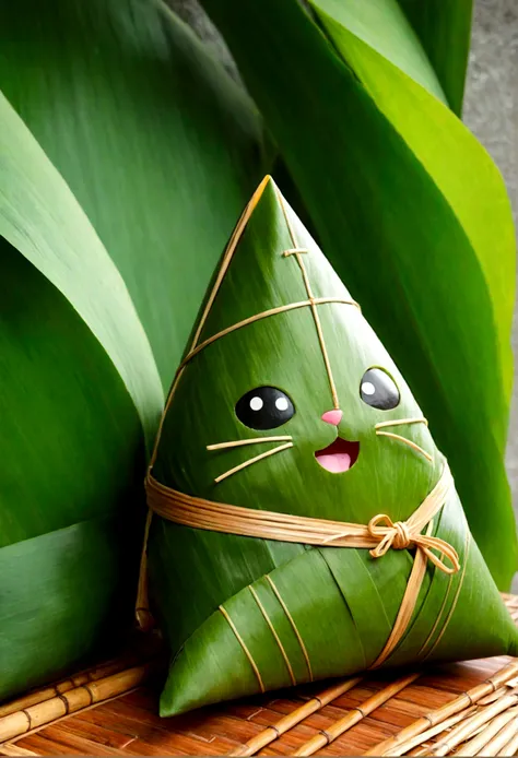 A triangular zongzi，Head cat shape，Made of glutinous rice，Cute expression，The lower body is wrapped in zong leaves，Head sticking out of the bamboo leaves，Equally spaced，Cartoon Style，Macro lens，Studio light，Bold color scheme