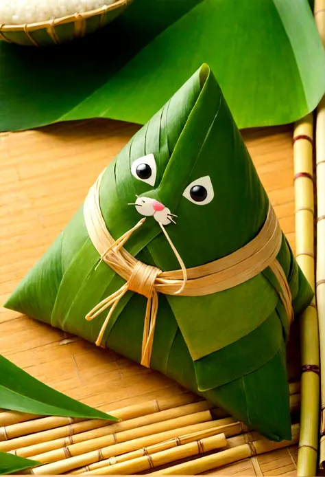 a cat-shaped triangle zongzi，made of glutinous rice，cute expression，the lower body is wrapped in zong leaves，head sticking out o...