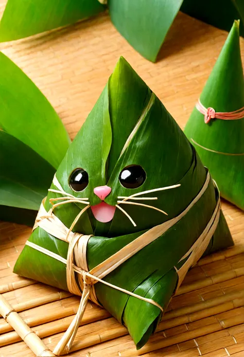 a cat-shaped triangle zongzi，made of glutinous rice，cute expression，the lower body is wrapped in zong leaves，head sticking out o...