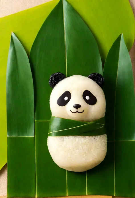 a panda-shaped rice dumpling，made of glutinous rice，cute expression，the lower body is wrapped in zong leaves，head sticking out o...