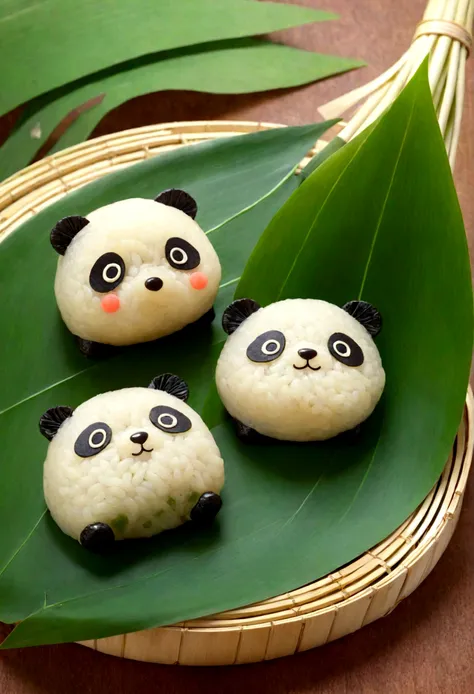 a panda-shaped rice dumpling，made of glutinous rice，cute expression，the lower body is wrapped in zong leaves，head sticking out o...