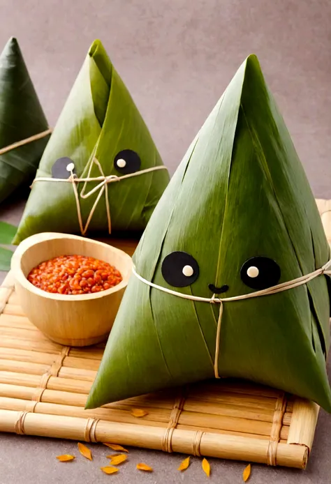 a panda-shaped triangle zongzi，made of glutinous rice，cute expression，the lower body is wrapped in zong leaves，head sticking out...