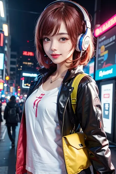 One girl,alone,Jacket,short hair,Red hair,Neon Light,Headphones,lips,headset,View Viewer,nose,Mole,Backpack,Upper Body,yellow Jacket,cyber punk,bag,music,music notation,dance,Happy,smile,blush,(Shine:1.2),Bright colors,Small face,menhera face,