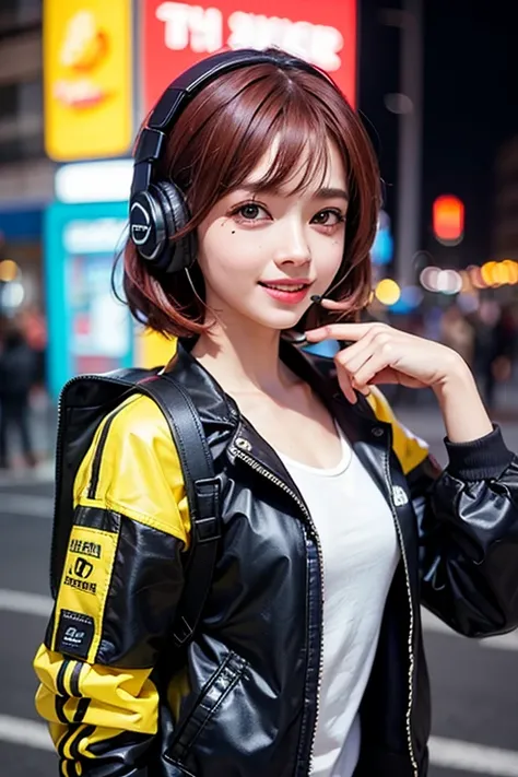 One girl,alone,Jacket,short hair,Red hair,Neon Light,Headphones,lips,headset,View Viewer,nose,Mole,Backpack,Upper Body,yellow Jacket,cyber punk,bag,music,music notation,dance,Happy,smile,blush,(Shine:1.2),Bright colors,Small face,menhera face,