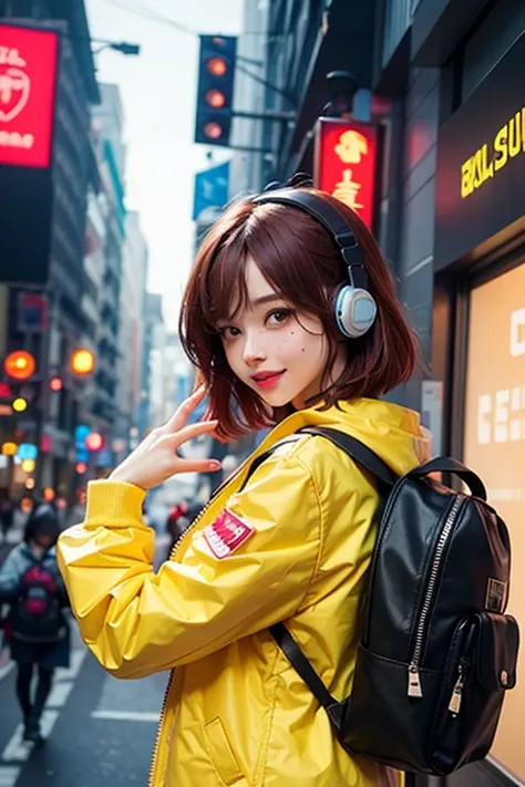 One girl,alone,Jacket,short hair,Red hair,Neon Light,Headphones,lips,headset,View Viewer,nose,Mole,Backpack,Upper Body,yellow Jacket,cyber punk,bag,music,music notation,dance,Happy,smile,blush,(Shine:1.2),Bright colors,Small face,menhera face,