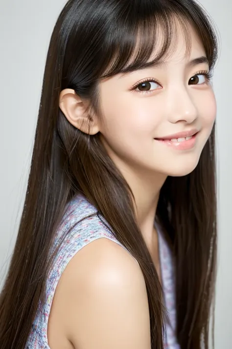 (masterpiece), (((highest quality)), (Very detailed), 1 girl, 12 years old, Small face, Slanted Eyes, Thick lips, Red cheeks, Long black hair,Clear skin、Sparkling Eyes, smile