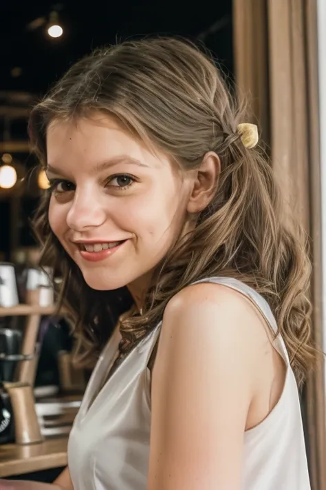 full color portrait of a young woman, having coffee at a vintage swedish cafe, smile, natural light, raw photo, subject, 8k uhd,...