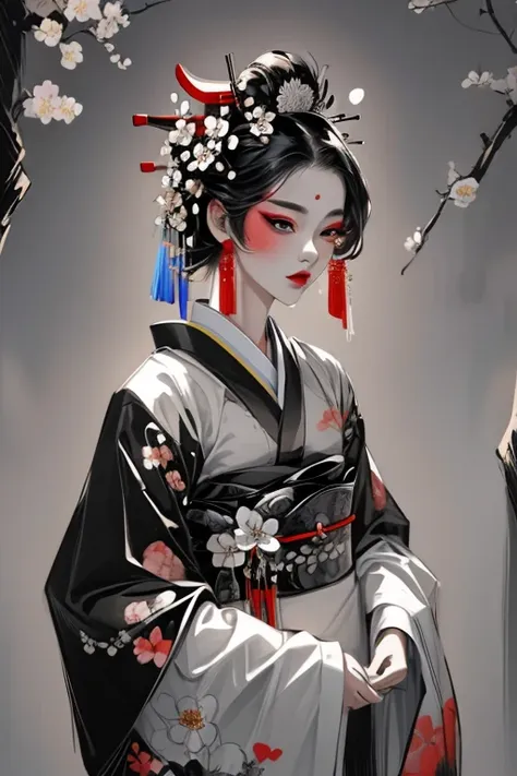 (masterpiece, best quality, detailed, high resolution, rainbow), fear, glitch, (retro), (solitary), upper body, (geisha), (vibra...