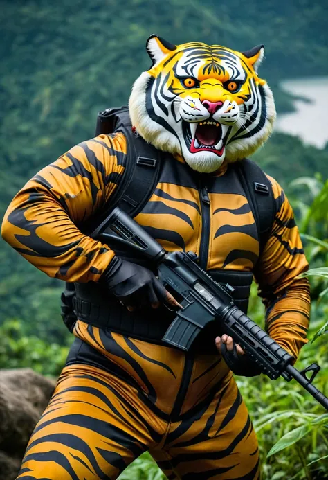 (a dark-skinned fat old man in a bulky camouflage zipper diver suit) shooting with a gun and (wearing roaring siberian tiger mask), muscular, Basuki Abdullah, sumatraism, action, a character portrait, heroic, fierce, snarling