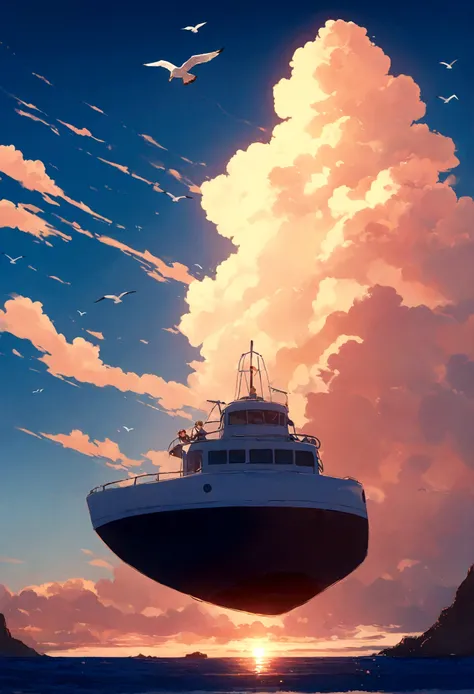 Master Parts, Bird&#39;s Eye View, highest quality, Movie stills, 1 tour , Seagull, Below is the blue sea and islands., girl, Miyazaki anime films, Ghibli anime, Clouds in the sky, blue sky, close, bright, Happy, Soft lighting and warmth, sunrise, (spark:0...