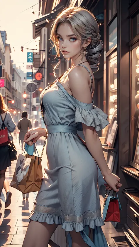 24 year old Caucasian female、blue eyes、Silver Hair、long hair、Vertical roll on one side((side drill))、Wear a one-piece dress with shoulder straps、Wear mules、Tote bag on shoulder、French bread comes out of the tote bag、Shopping in the downtown area