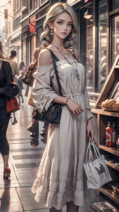 24 year old Caucasian female、blue eyes、Silver Hair、long hair、Vertical roll on one side((side drill))、Wear an off-the-shoulder dress、Wear mules、Tote bag on shoulder、French bread comes out of the tote bag、Shopping in the downtown area