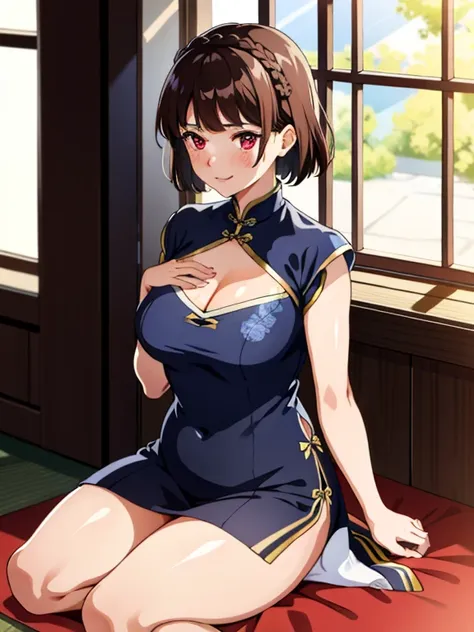 1個穿著藍色tight cheongsam的女孩, shiny effect on clothes, makoto_ni dao wearing blue cheongsam, makoto_niijima ryo, tight cheongsam, fl...