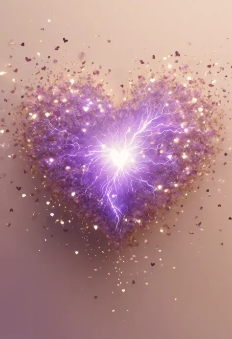 matte lilac-brown color heart and sparkling magic sparks , lightning and energy flashes ,heart with flowers ,on a soft beige background, Clear Focus, High Quality 8K