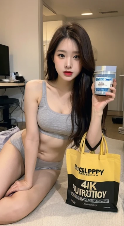 Highest Resolution, 4K, masterpiece: 1.3), sloppy looking, chubby body, A Japanese woman holding a bag of supplements, messy room, sitting on a futon, 1 photo of a woman, sexy: 1.1, Narrow eyes, underwear