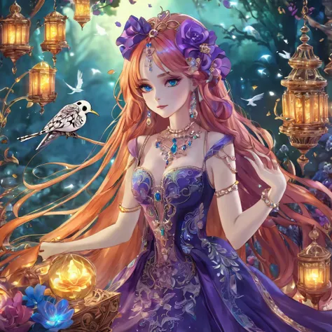 1girl, long hair, bright hair color, seductive eyes, mysterious expression, mature appearance, charming dress, flowing short dress, elegant jewelry, intricate decoration, magic symbols, glowing accessories, potions, scrolls, cute accents, bows, ribbons, fl...